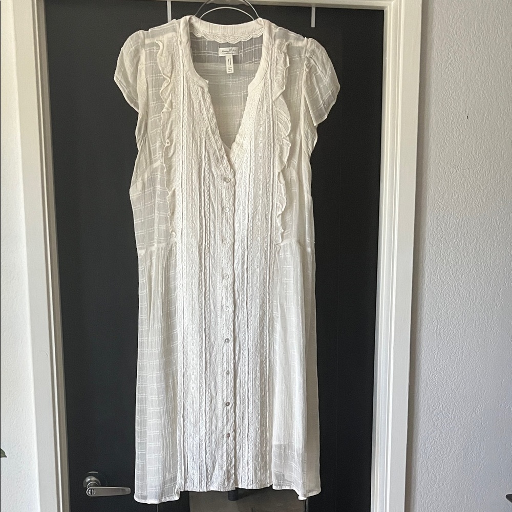 Anthropologie Cream Ruffle-Trim Button-Front Midi Dress